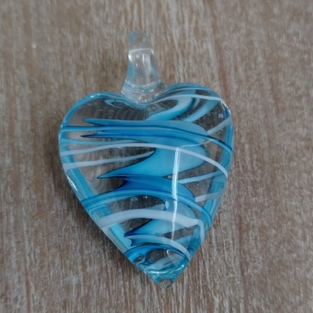 Hand Blown Glass Heart Pendant Blue Swirls 1.5" - Picture 3 of 7